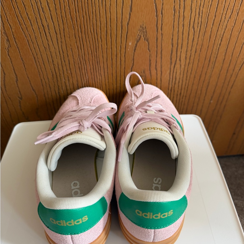 adidas Pink Suede Platform Sneakers with Green Stripes and Gum Sole - Picture 4 of 9